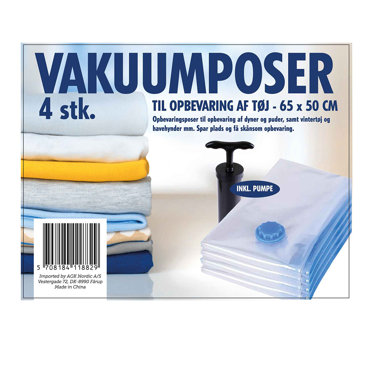 Vakuumpose til tøj m/pumpe (4 stk.) -